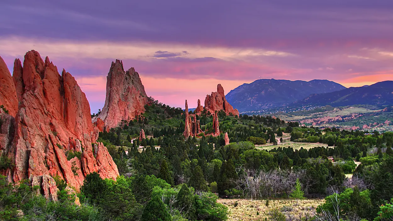 Garden of the Gods red rock formations at sunset near Colorado Springs