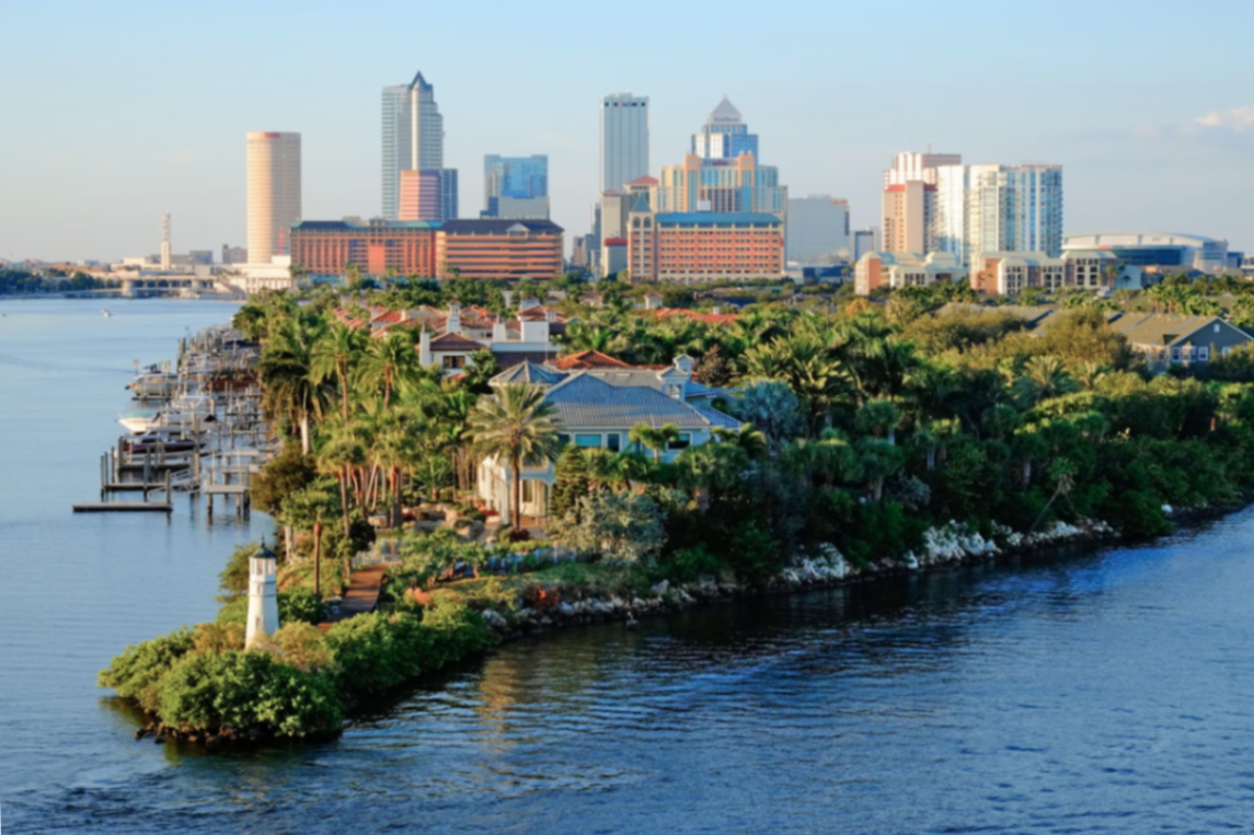 Downtown Tampa skyline at sunrise over the bay with palm-lined waterfront homes