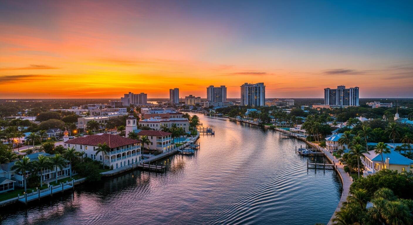 Fort Myers waterfront canal at sunset with downtown skyline and palm-lined homes