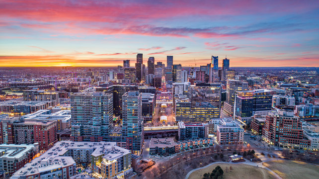 Aerial view of the Denver skyline at sunset