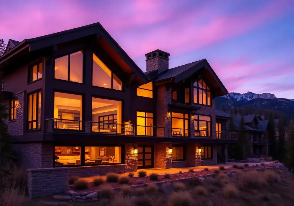 Modern mountain home at dusk