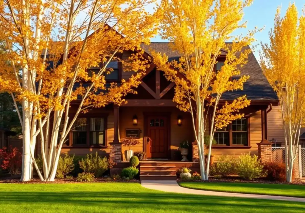 Craftsman home with autumn aspen trees