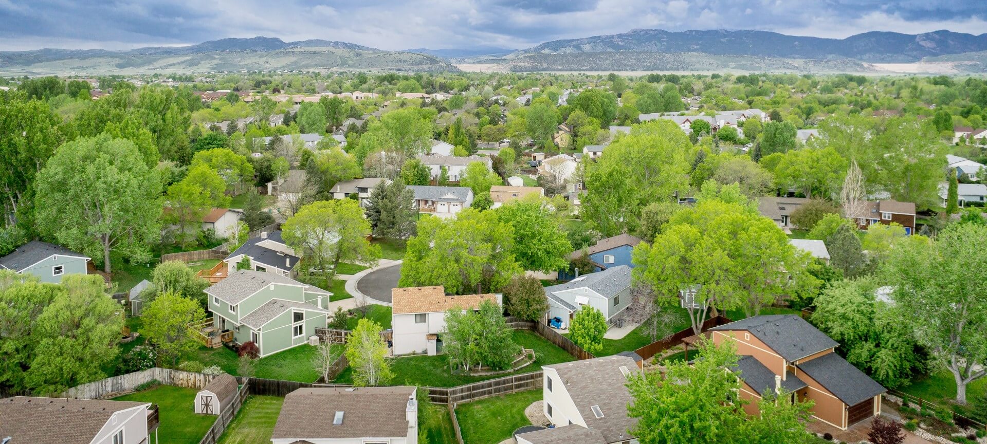 Aerial view of neighborhood with green trees and mountain in background